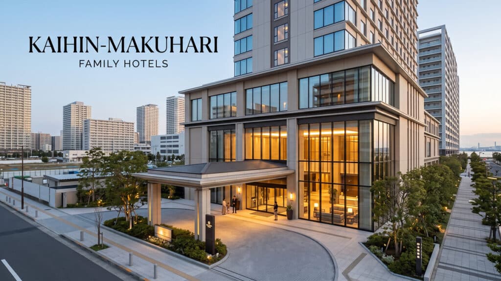 Modern hotel exterior in Kaihin-Makuhari at dusk for a family hotel guide.