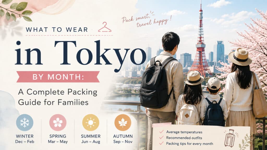 Family overlooking Tokyo Tower with seasonal clothing icons for a month-by-month Tokyo packing guide.