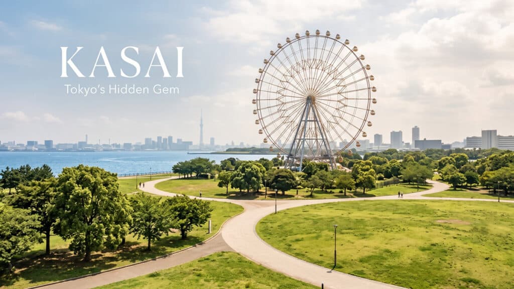 Kasai Rinkai Park with its Ferris wheel, greenery and Tokyo Bay scenery.