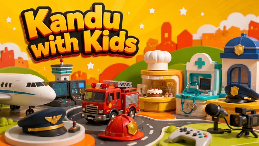 Colorful miniature career city with an airplane, fire truck, bakery, clinic and job props for a Kandu family guide.