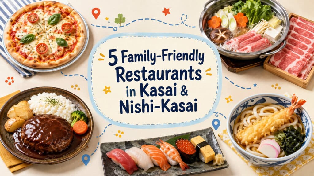 Top-down spread of pizza, shabu-shabu, udon, sushi and hamburg steak for families dining in Kasai and Nishi-Kasai.