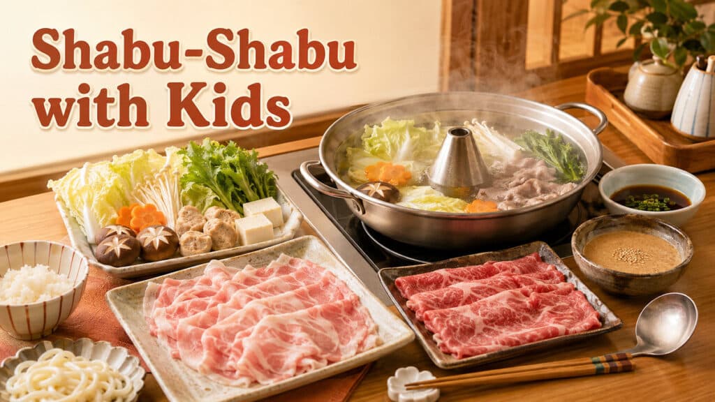 Steaming shabu-shabu hot pot with sliced meat, vegetables, tofu, udon and dipping sauces on a warm wooden table.